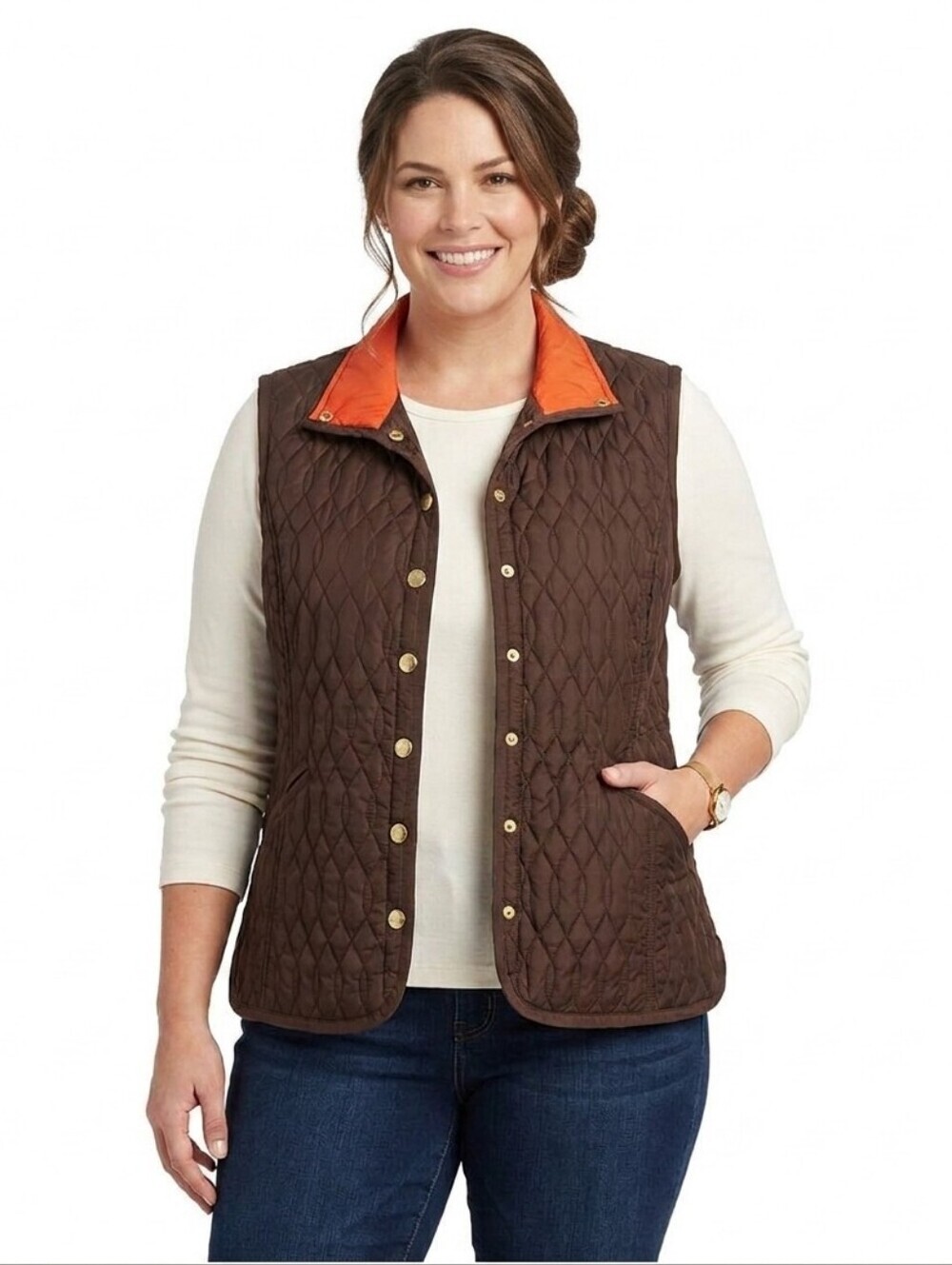 Tommy Hilfiger Quilted Brown/ Orange Vest with silver snap buttons L